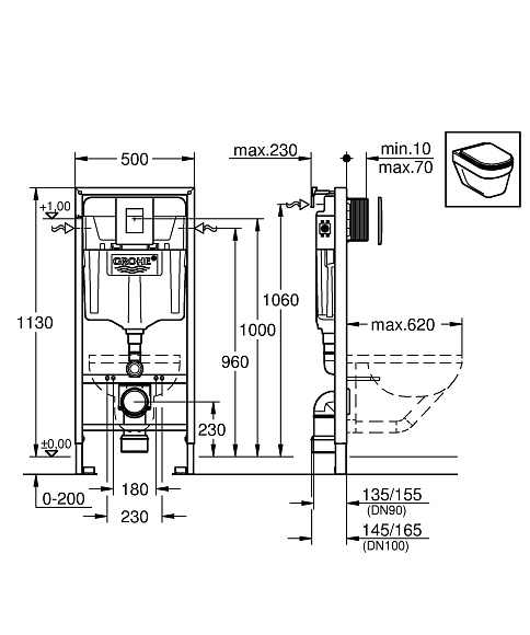 Инсталляция для унитаза GROHE RAPID 38772001 ( с кнопкой смыва, две кнопки пневматические. хром)