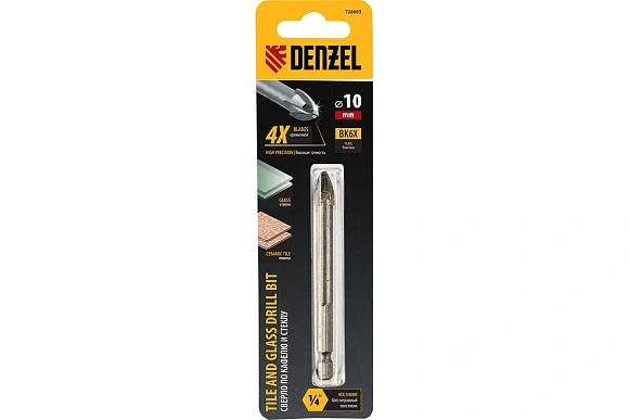 Сверло по керамической плитке 10 мм, крестовая пластинка, шестигранный хвостовик Denzel 728093