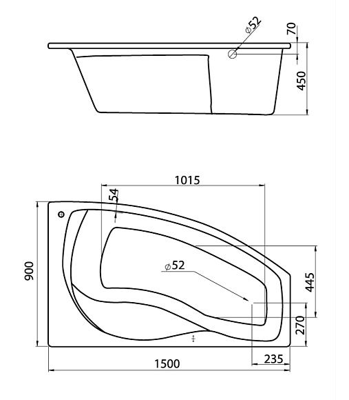Ванна акриловая ГМ МАЙОРКА (150х90, 6+4сп+2н) правая, Латунь 