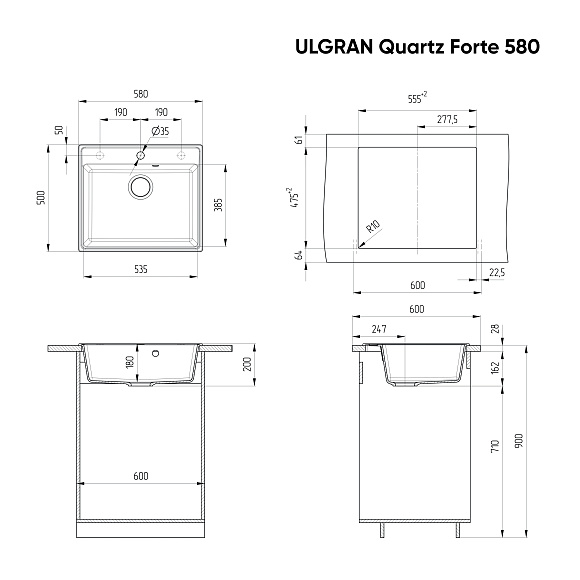 Мойка ULGRAN Quartz Forte 580-08 космос 580х500