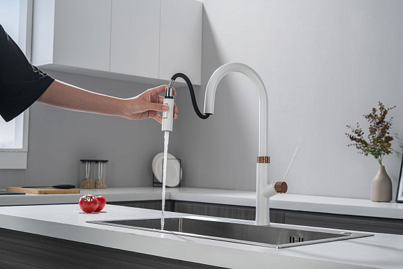 СМ-М ГЕККО с вытяжным изливом GH-6085-W БЕЛЫЙ, ЗОЛОТО