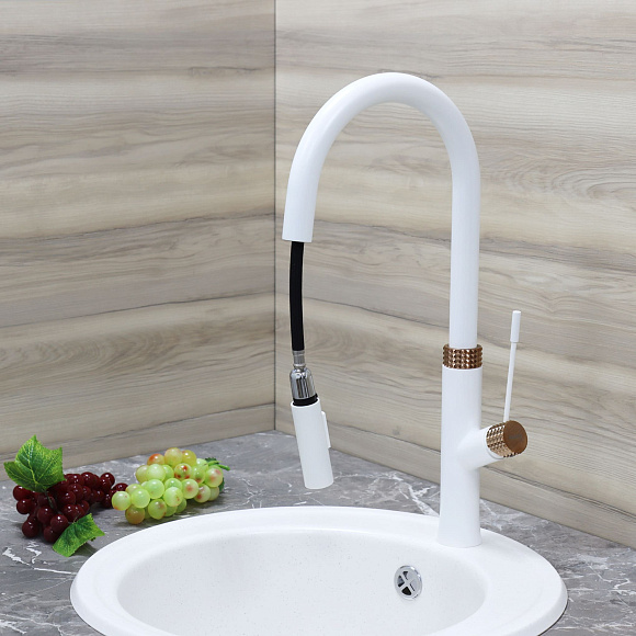 СМ-М ГЕККО с вытяжным изливом GH-6085-W БЕЛЫЙ, ЗОЛОТО