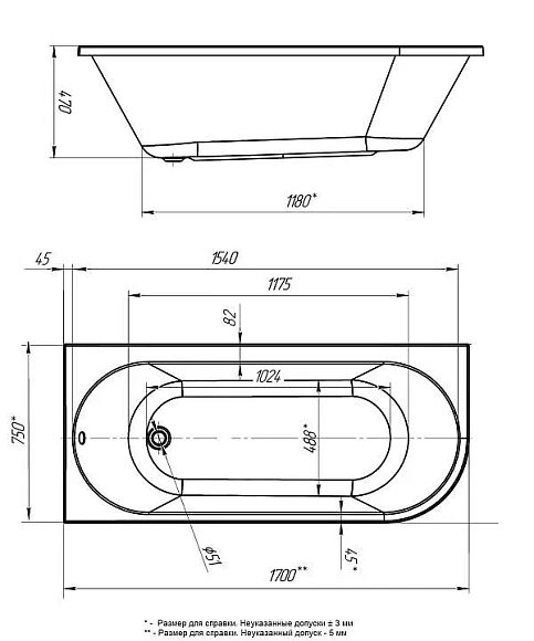 Ванна акриловая "ALISA MG"(170х75) L смес К06