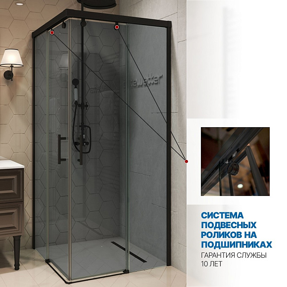 Душев огражд четырехсегм раздвижн с подвесн ролик SLIDE Square 864 90*90*200 Графит, проф черный МАТ