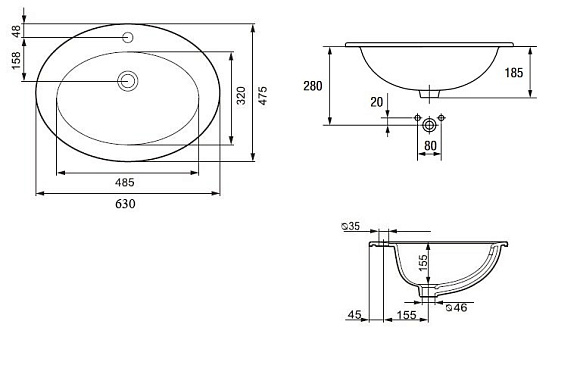 Умывальник на столешницу " Gamma"c 1 отв.