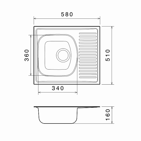 Мойка 58Х51 врезная с  полкой правая  Турция 0,6мм