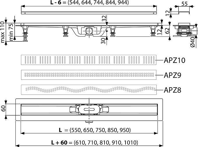 Водоотвод желоб APZ 8-850мм.(Alcaplast)