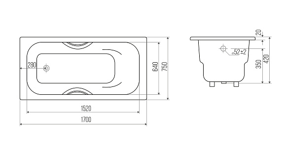 Ванна чугунная Donni-1700*750*410 с ручками