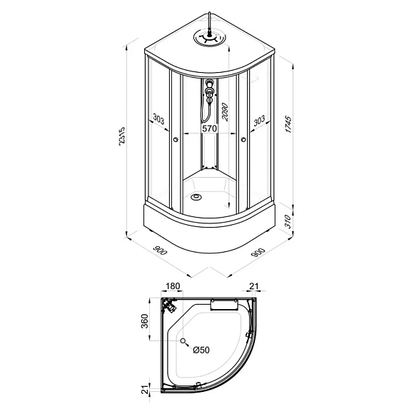 Душевая кабина Лайт В 900*900*231,5 средний поддон. светлая